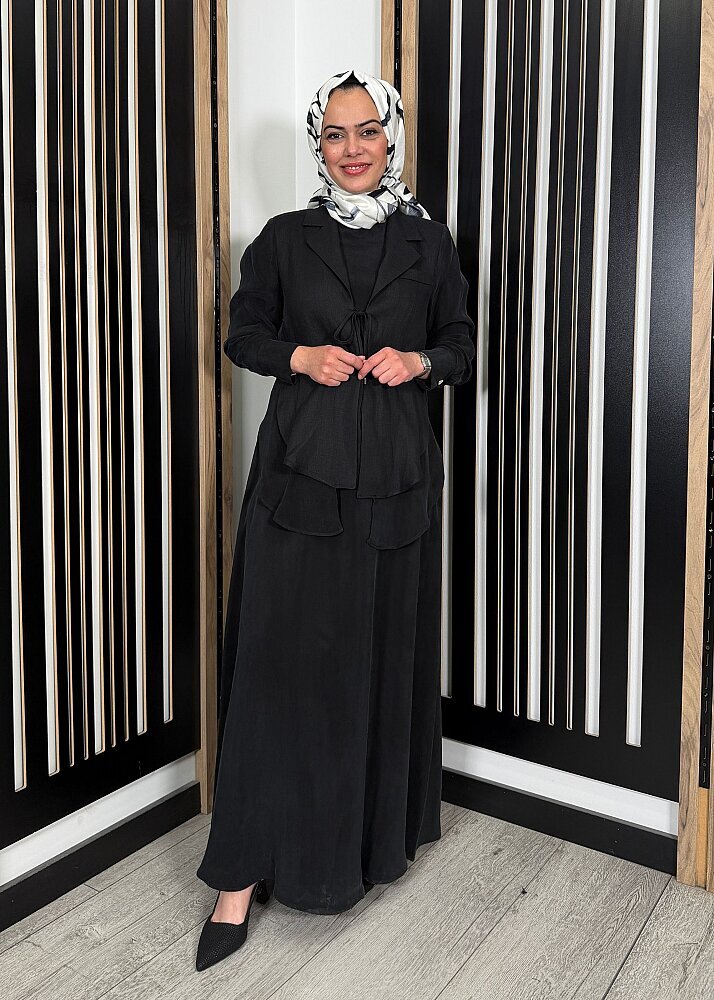 Miss Dalida Bağlama Detaylı Keten Ceket-Elbise Takım BLACK - 5