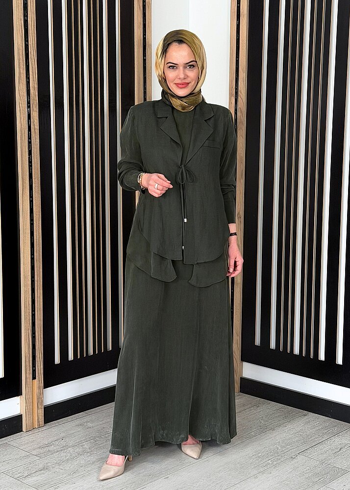 Miss Dalida Bağlama Detaylı Keten Ceket-Elbise Takım HAKİ - 2