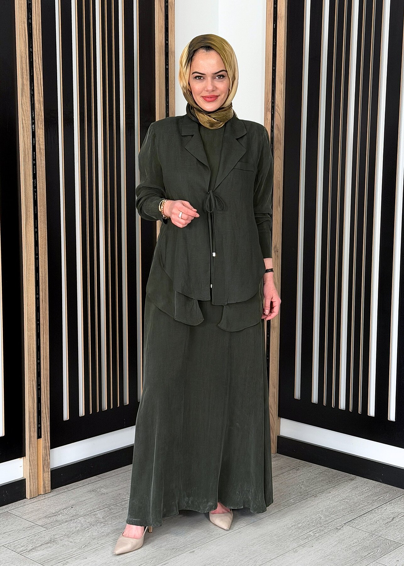 Miss Dalida Bağlama Detaylı Keten Ceket-Elbise Takım HAKİ - 2