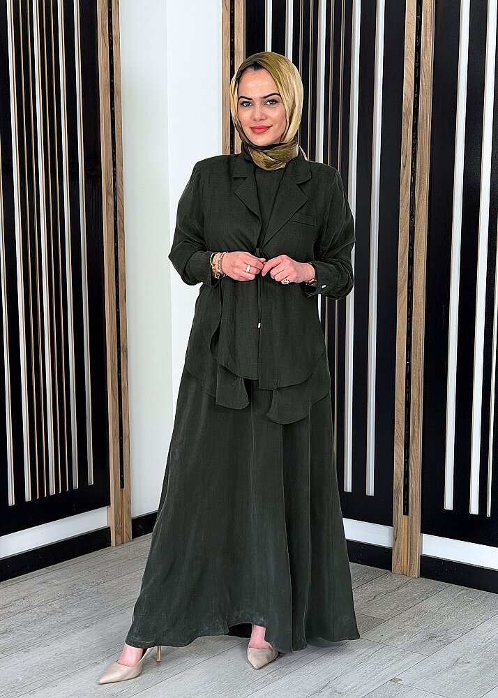 Miss Dalida Bağlama Detaylı Keten Ceket-Elbise Takım HAKİ - 3