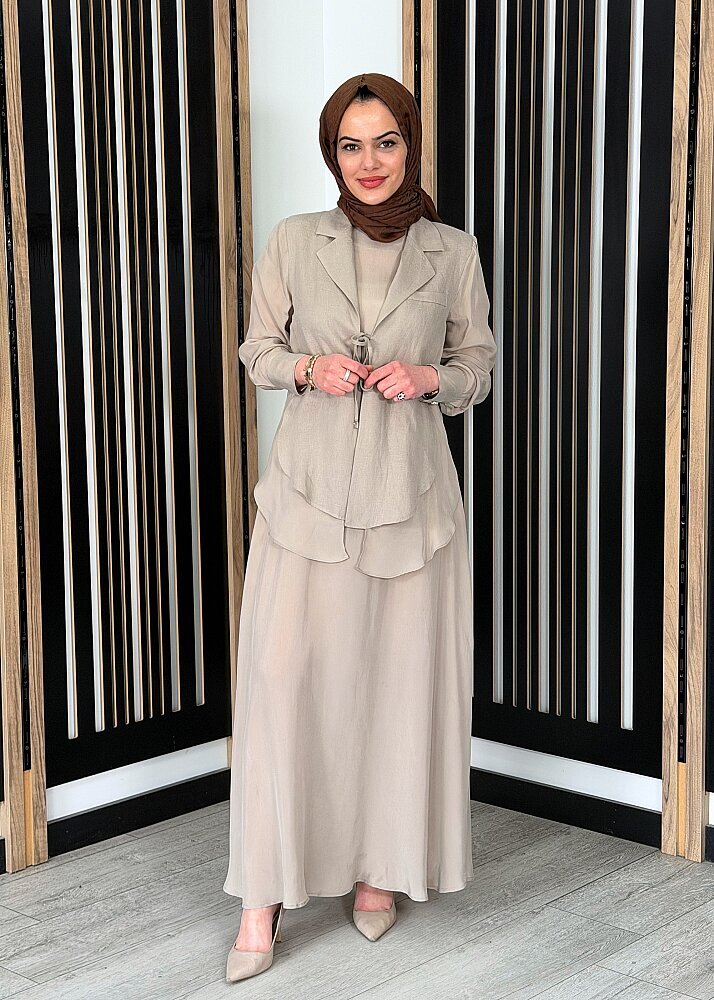 Miss Dalida Bağlama Detaylı Keten Ceket-Elbise Takım Stone - 2