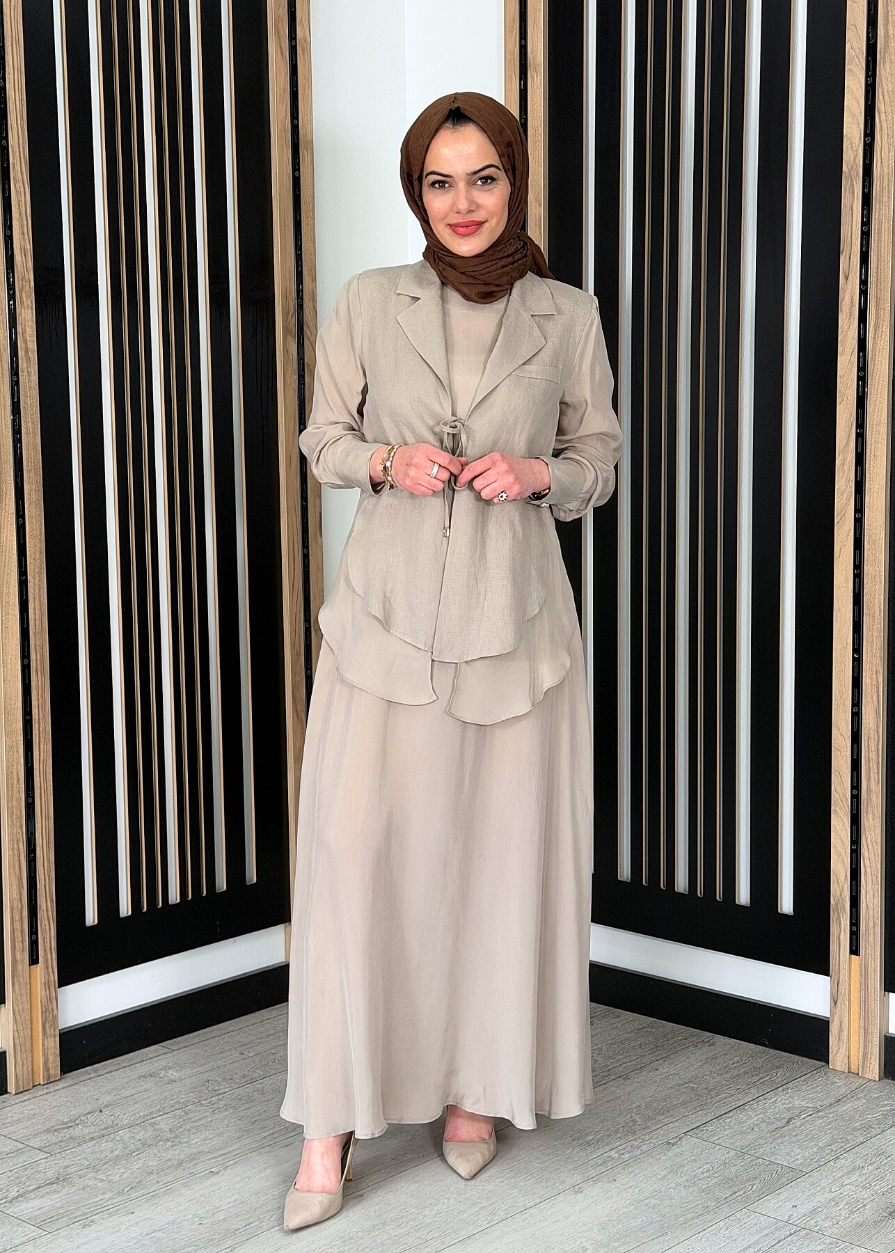 Miss Dalida Bağlama Detaylı Keten Ceket-Elbise Takım Stone - 2