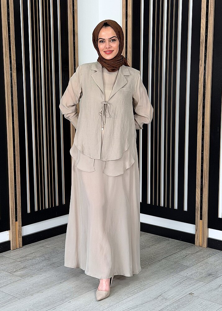 Miss Dalida Bağlama Detaylı Keten Ceket-Elbise Takım Stone - 3