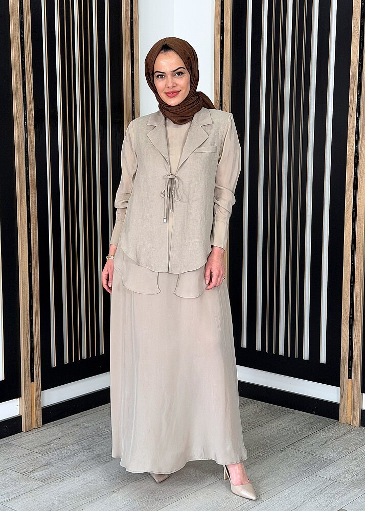 Miss Dalida Bağlama Detaylı Keten Ceket-Elbise Takım Stone