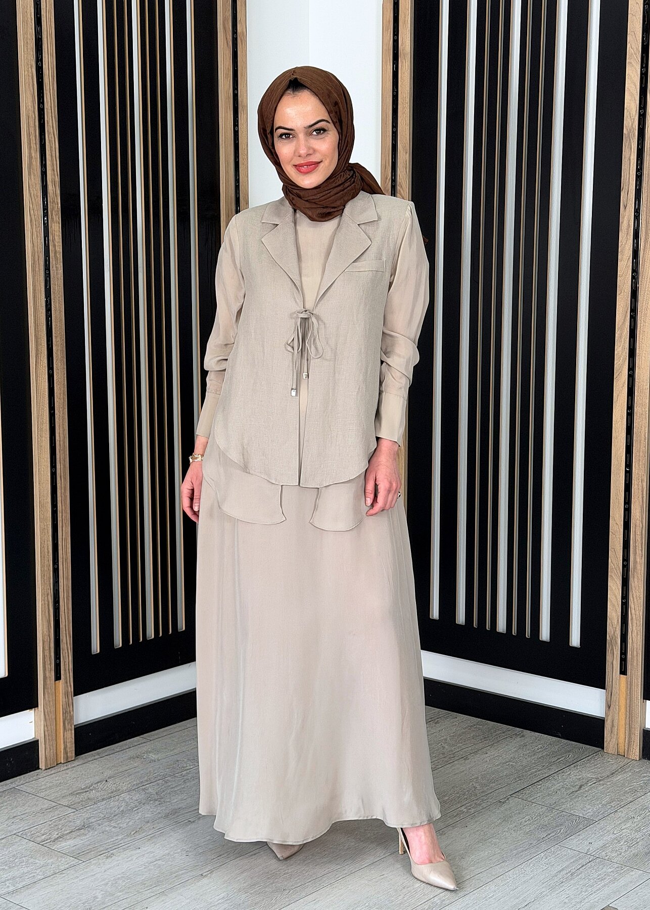 Miss Dalida Bağlama Detaylı Keten Ceket-Elbise Takım Stone - 1
