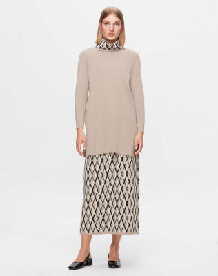 Miss Dalida Baklava Desenli Dik Yaka Tunik Stone - 1