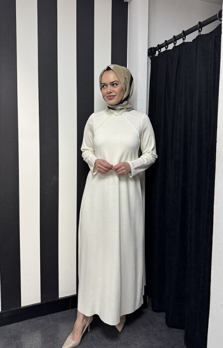 Miss Dalida Balıkçı Yaka Triko Elbise Fede/Ecru - 1