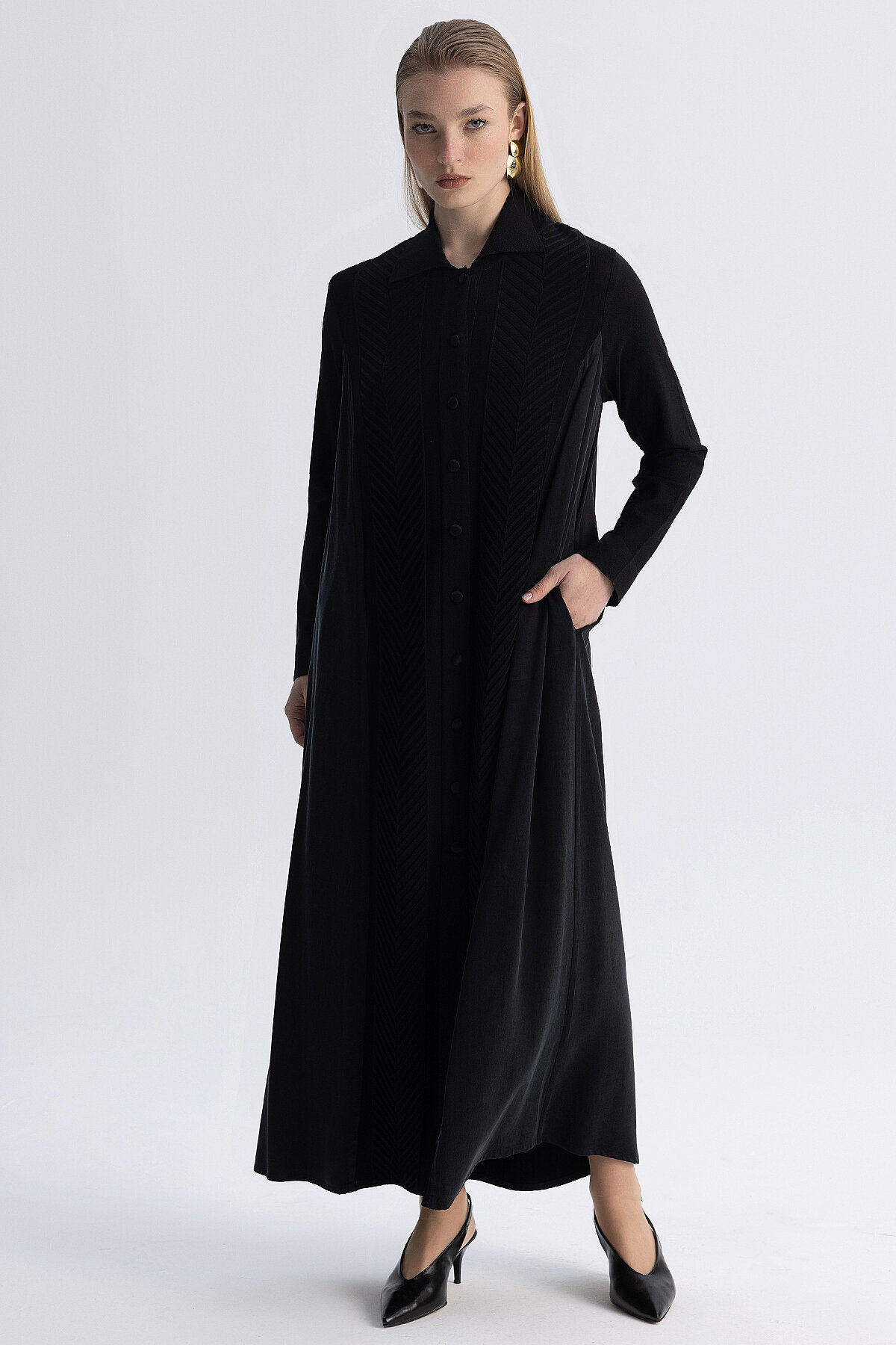 Miss Dalida Balıksırtı Desenli Gömlek Yaka Triko Hırka BLACK - 2