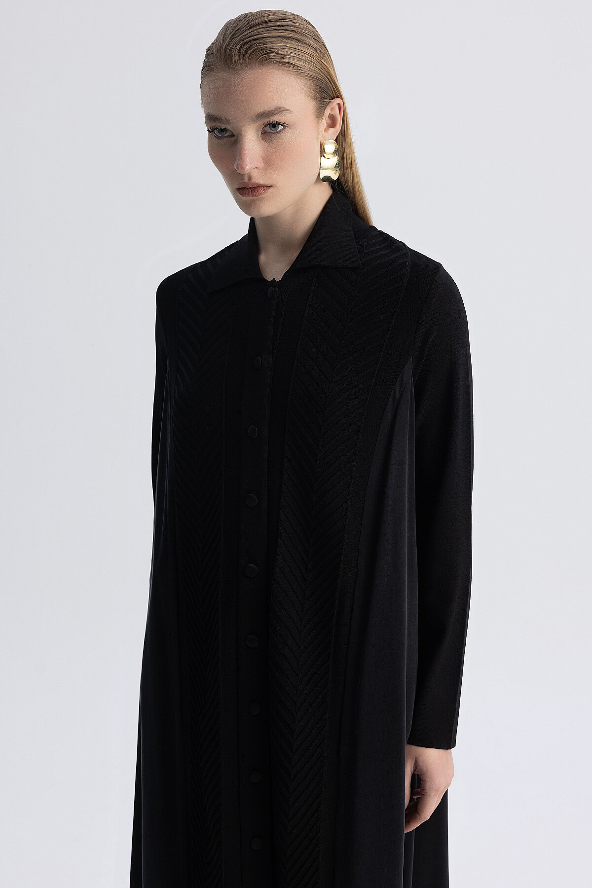 Miss Dalida Balıksırtı Desenli Gömlek Yaka Triko Hırka BLACK - 3