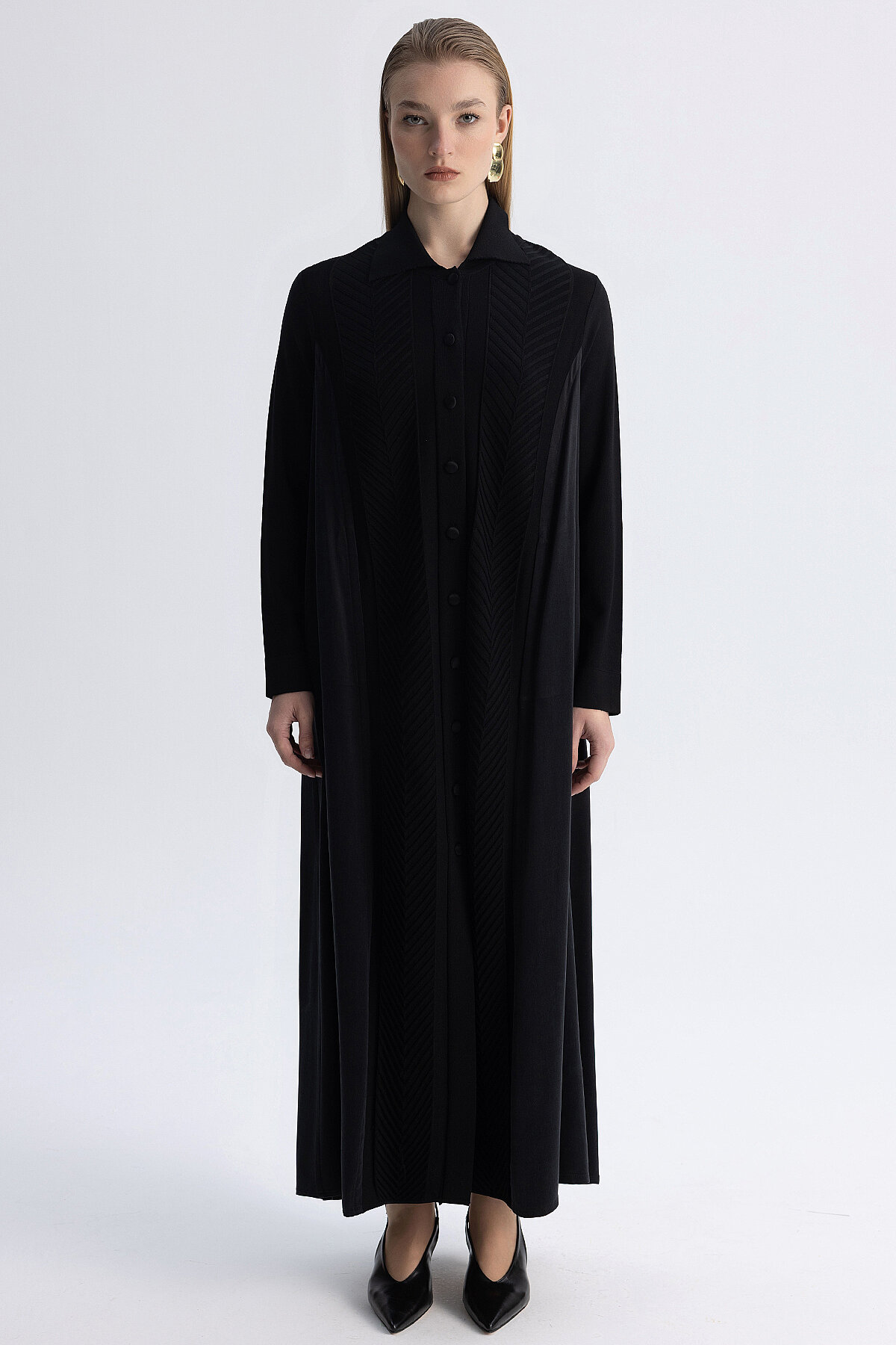 Miss Dalida Balıksırtı Desenli Gömlek Yaka Triko Hırka BLACK - 5