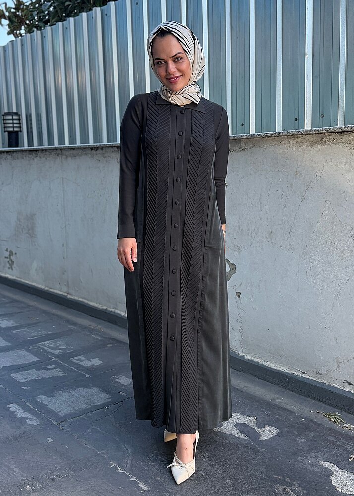 Miss Dalida Balıksırtı Desenli Gömlek Yaka Triko Hırka KHAKİ - 4