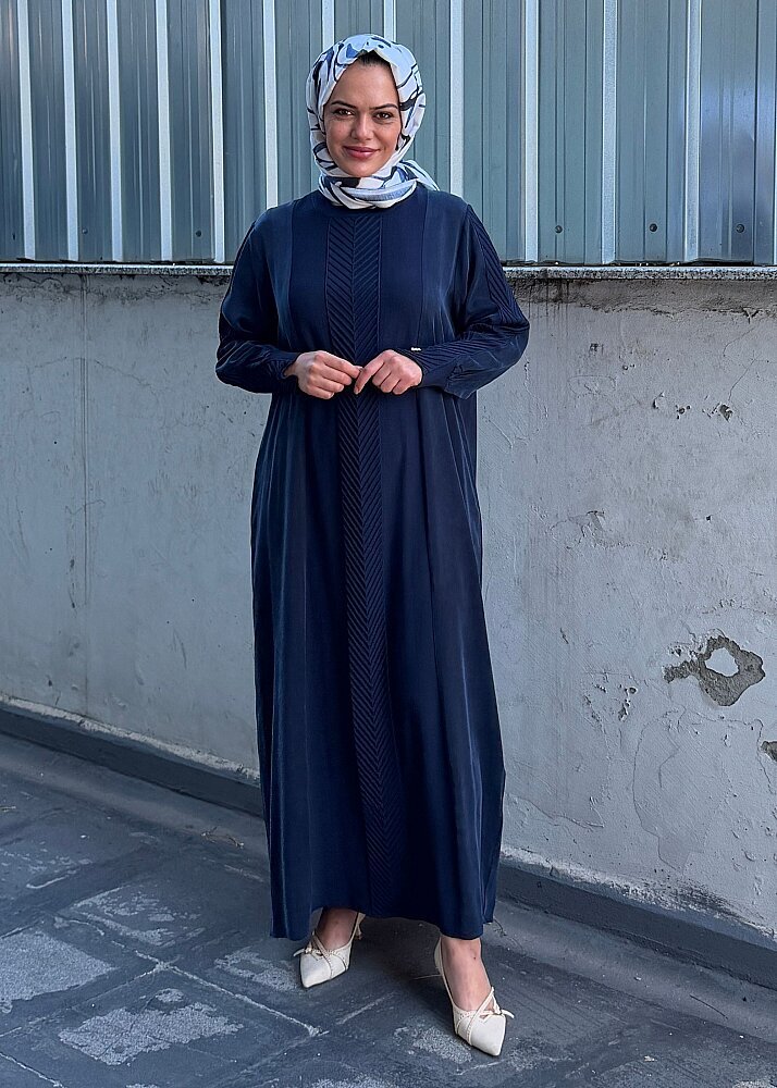 Miss Dalida Balıksırtı Detaylı Uzun Elbise Navy - 3