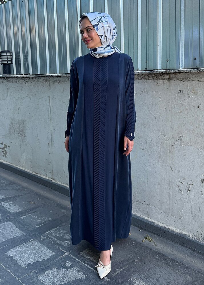 Miss Dalida Balıksırtı Detaylı Uzun Elbise Navy - 5