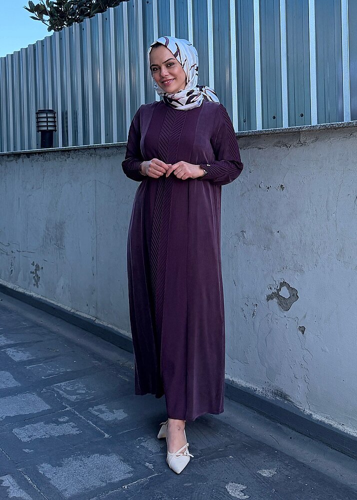 Miss Dalida Balıksırtı Detaylı Uzun Elbise Oubergine - 3