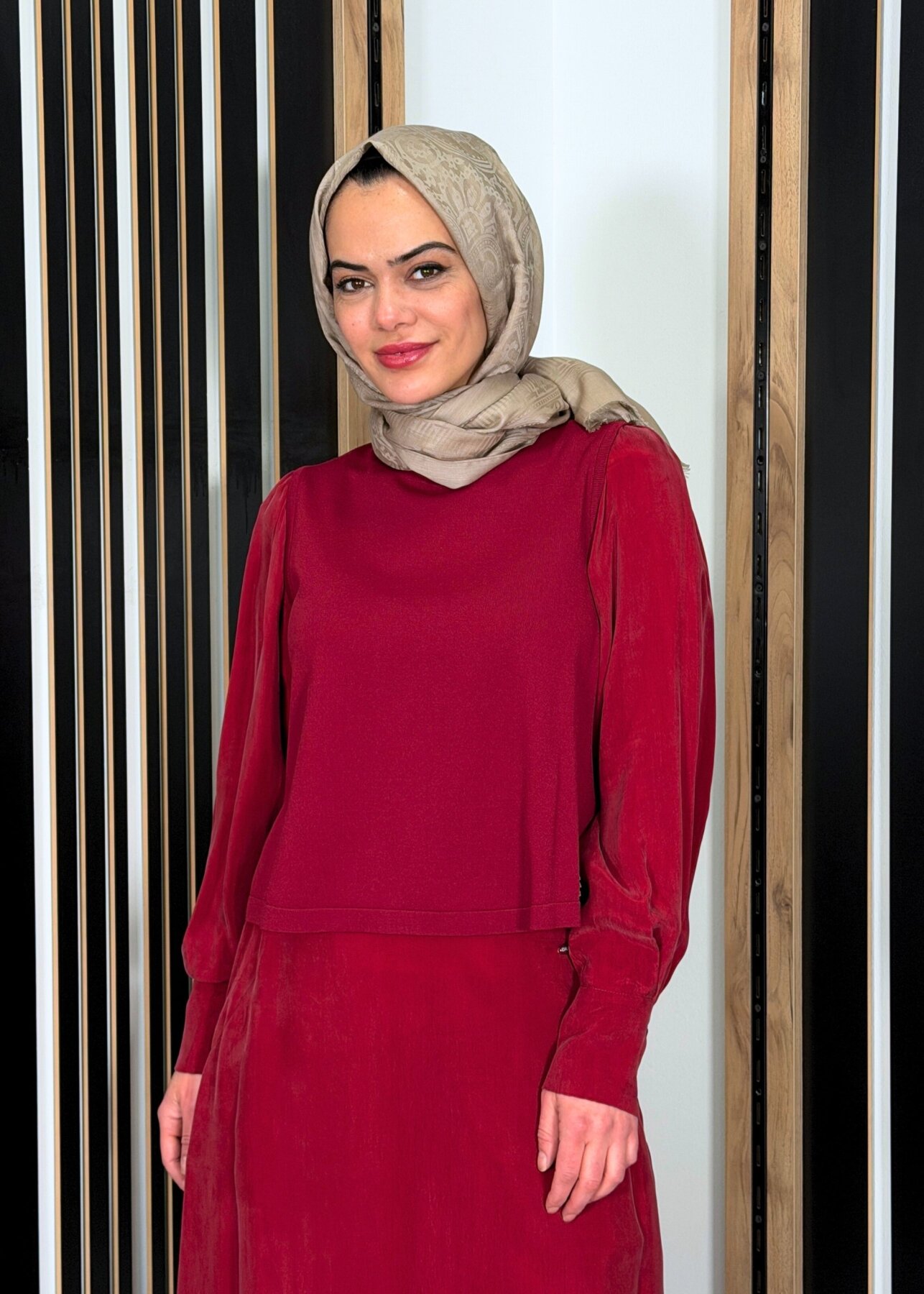 Miss Dalida Balon Cupro Kollu Triko Tunik Cherry - 2