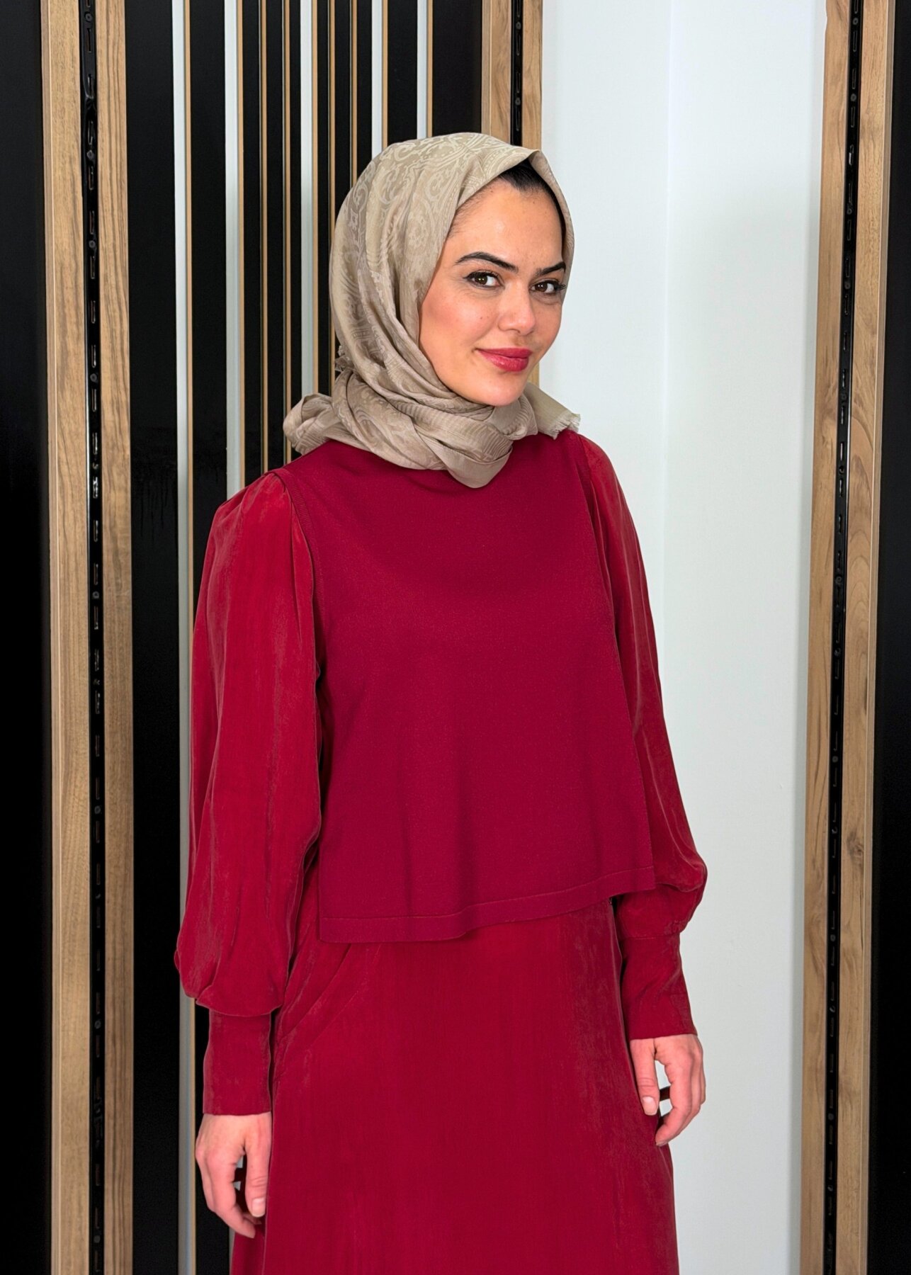 Miss Dalida Balon Cupro Kollu Triko Tunik Cherry - 3