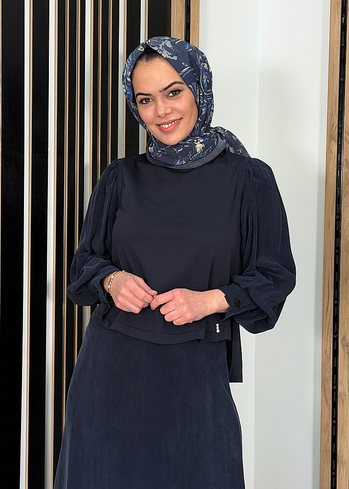 Miss Dalida Balon Cupro Kollu Triko Tunik Dark Navy - 2