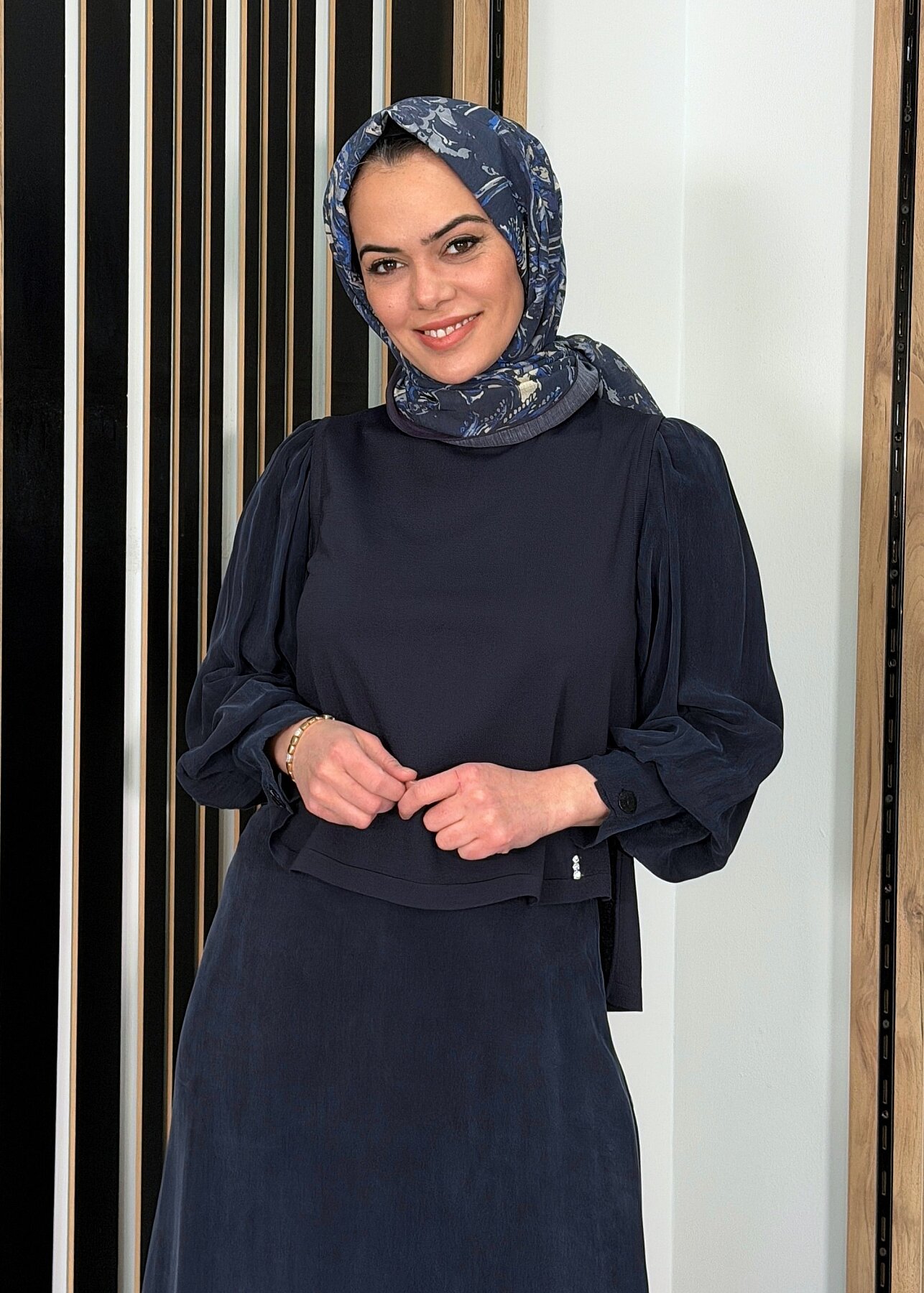 Miss Dalida Balon Cupro Kollu Triko Tunik Dark Navy - 2