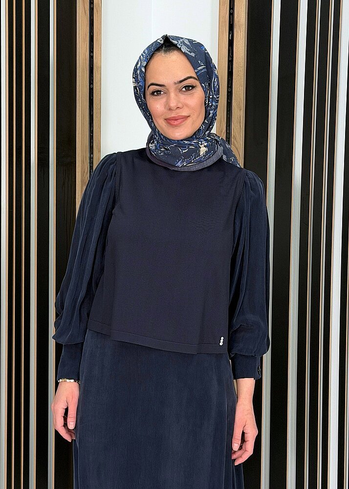 Miss Dalida Balon Cupro Kollu Triko Tunik Dark Navy - 3