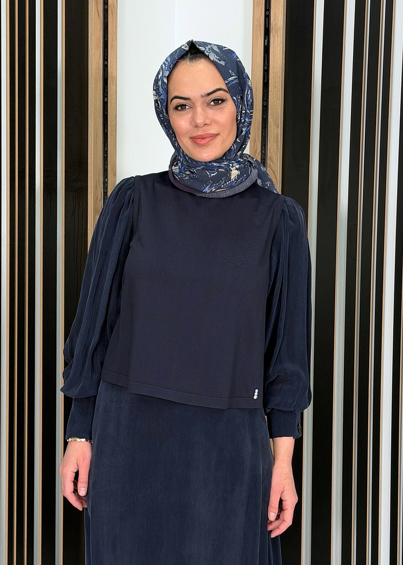 Miss Dalida Balon Cupro Kollu Triko Tunik Dark Navy - 3