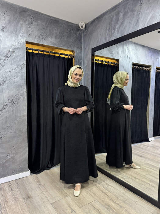 Miss Dalida Balon Kollu Tüvit Kumaş Elbise BLACK - 4