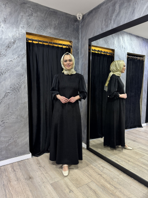 Miss Dalida Balon Kollu Tüvit Kumaş Elbise BLACK - 5