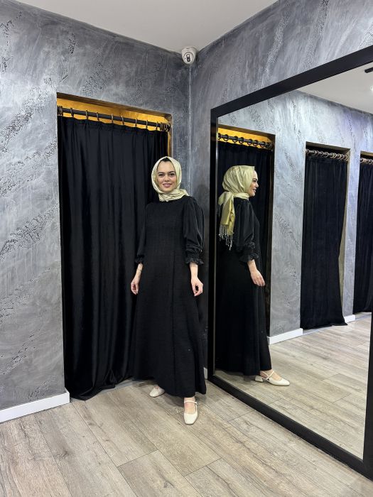 Miss Dalida Balon Kollu Tüvit Kumaş Elbise BLACK - 6