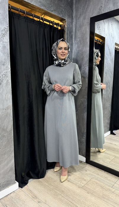 Miss Dalida Balon Kollu Uzun Elbise Viale/Grey - 4
