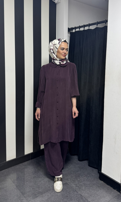Miss Dalida Bebe Yaka Balon Kollu Cupro Tunik Oubergine - 2