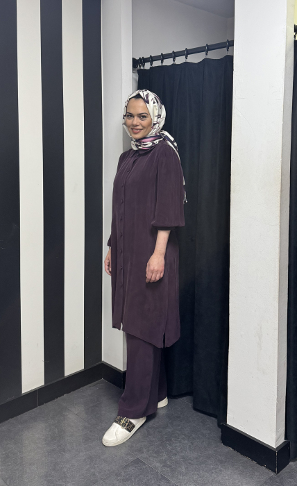 Miss Dalida Bebe Yaka Balon Kollu Cupro Tunik Oubergine - 10