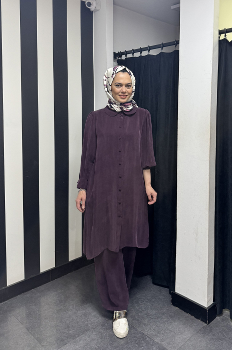 Miss Dalida Bebe Yaka Balon Kollu Cupro Tunik Oubergine - 1
