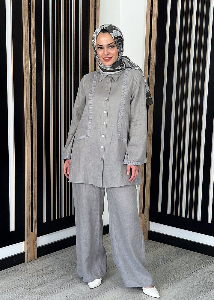 Miss Dalida Bekletme Detaylı Bol Paça Keten Pantolon GREY