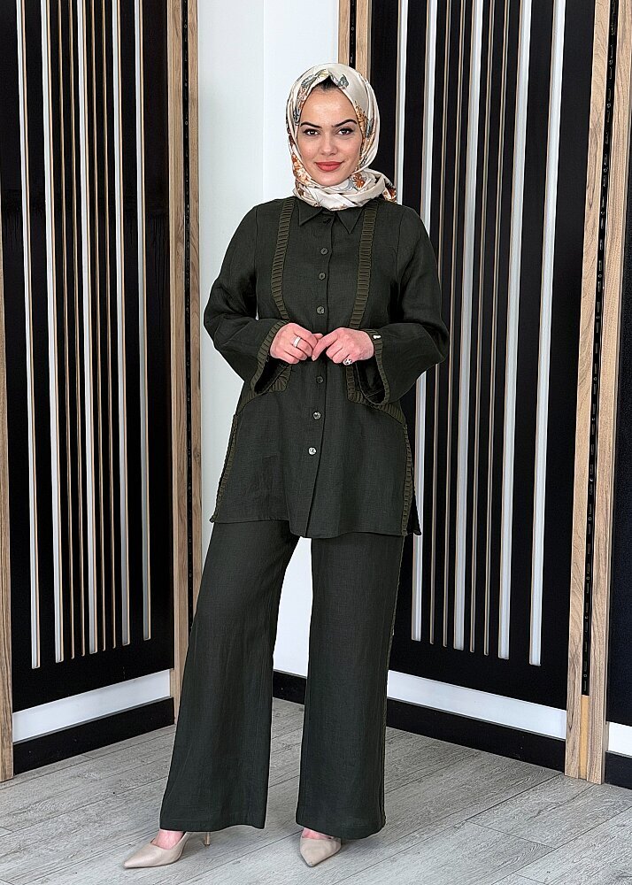 Miss Dalida Bekletme Detaylı Bol Paça Keten Pantolon KHAKİ