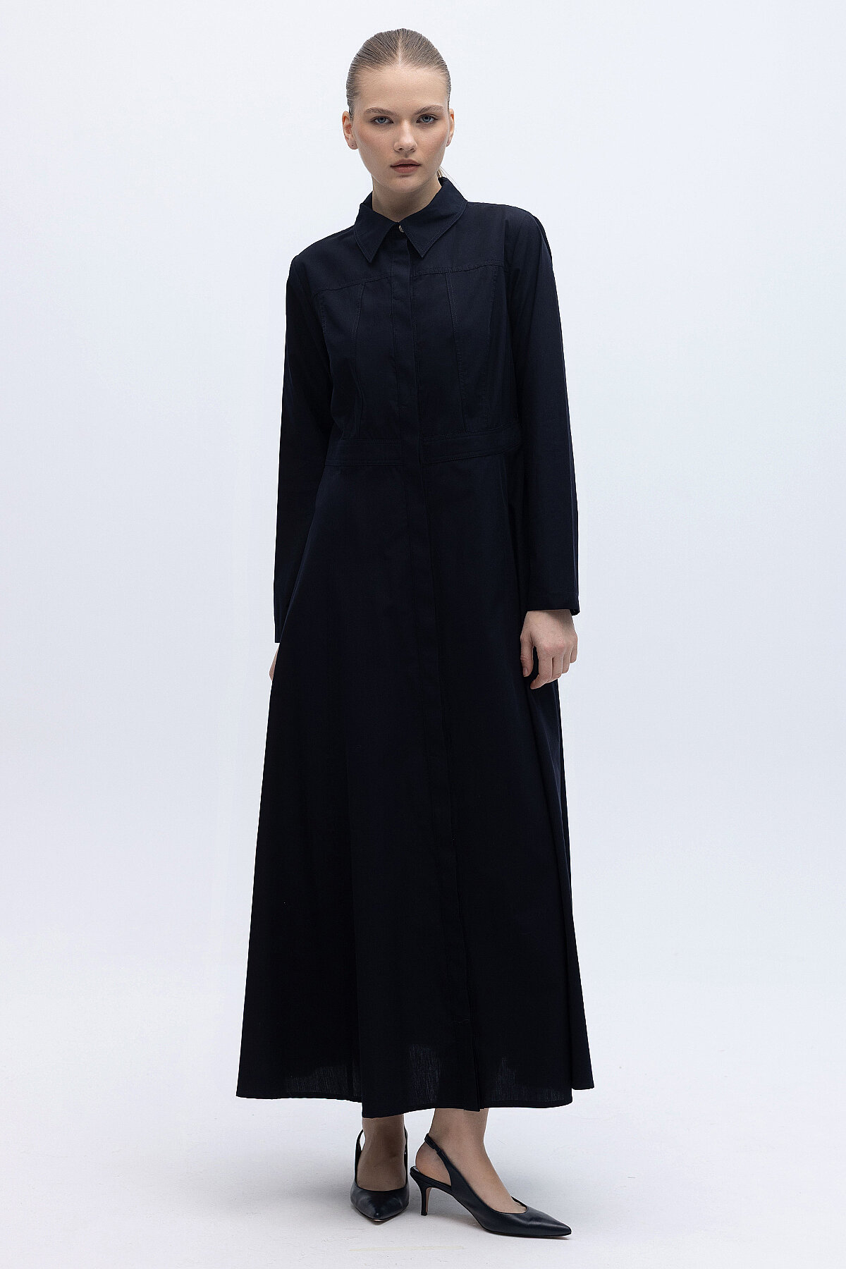 Miss Dalida Belden Oturtmalı Uzun Kollu Poplin Elbise BLACK - 1