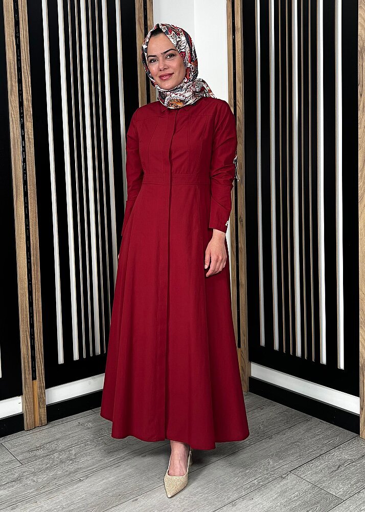 Miss Dalida Belden Oturtmalı Uzun Kollu Poplin Elbise Cherry - 8