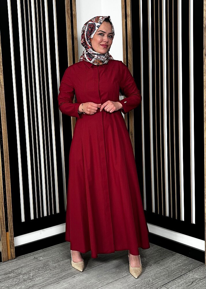 Miss Dalida Belden Oturtmalı Uzun Kollu Poplin Elbise Cherry - 5