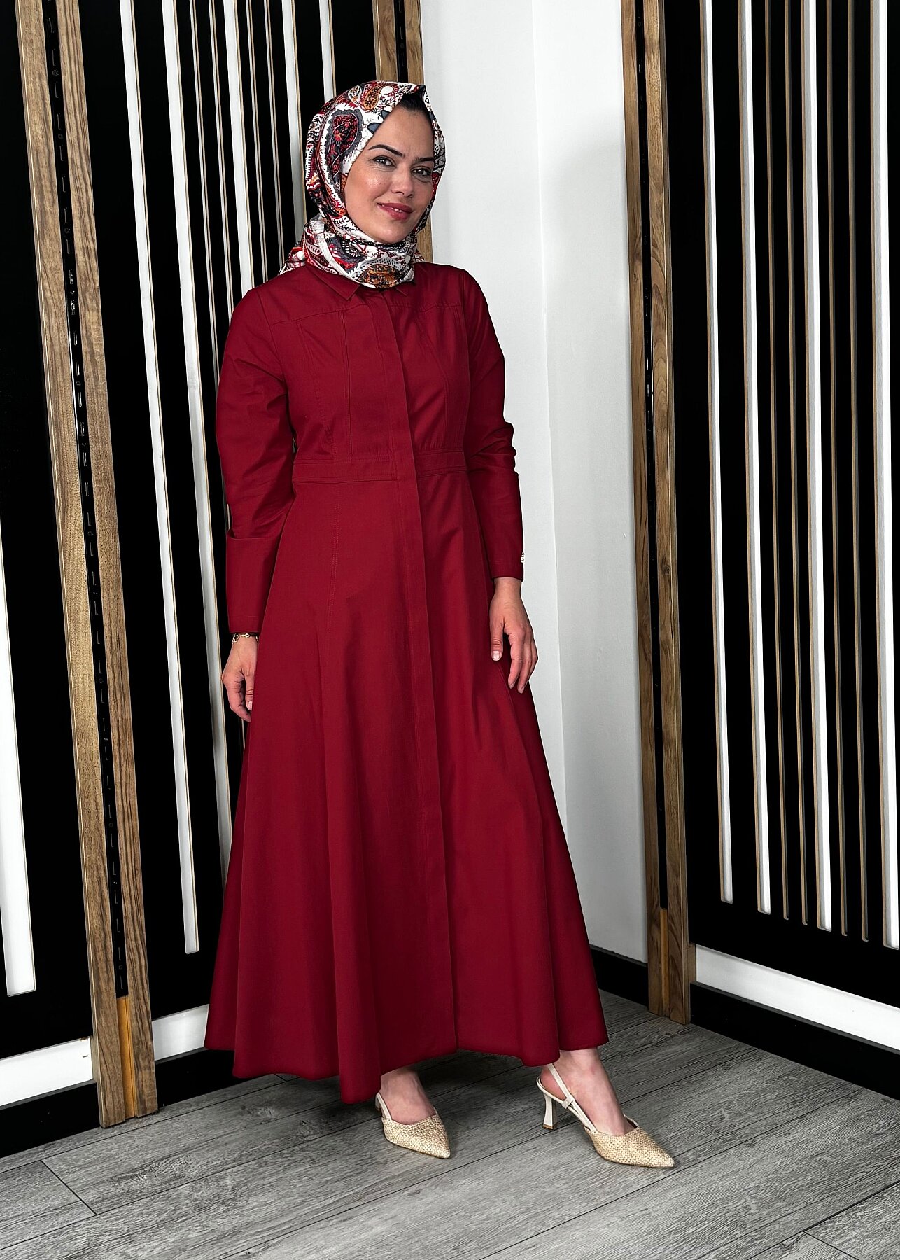 Miss Dalida Belden Oturtmalı Uzun Kollu Poplin Elbise Cherry - 3