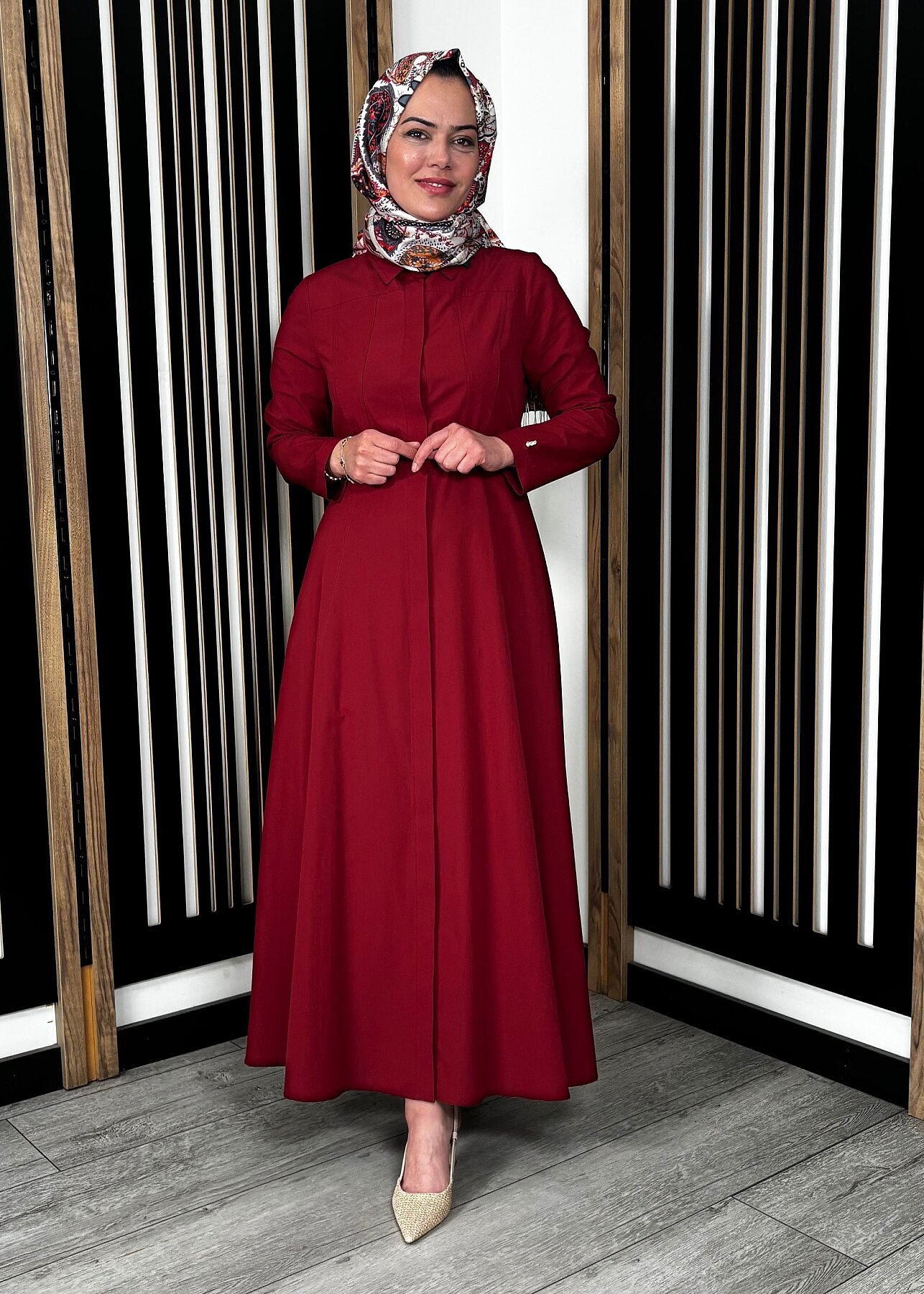 Miss Dalida Belden Oturtmalı Uzun Kollu Poplin Elbise Cherry - 2