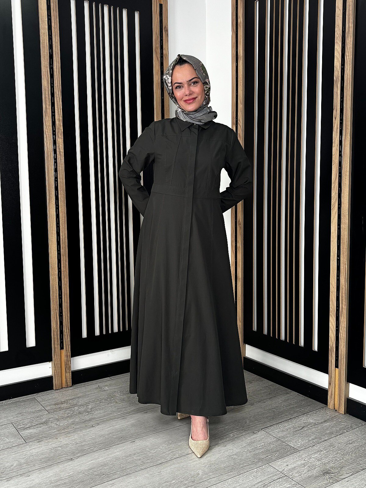 Miss Dalida Belden Oturtmalı Uzun Kollu Poplin Elbise KHAKİ - 1