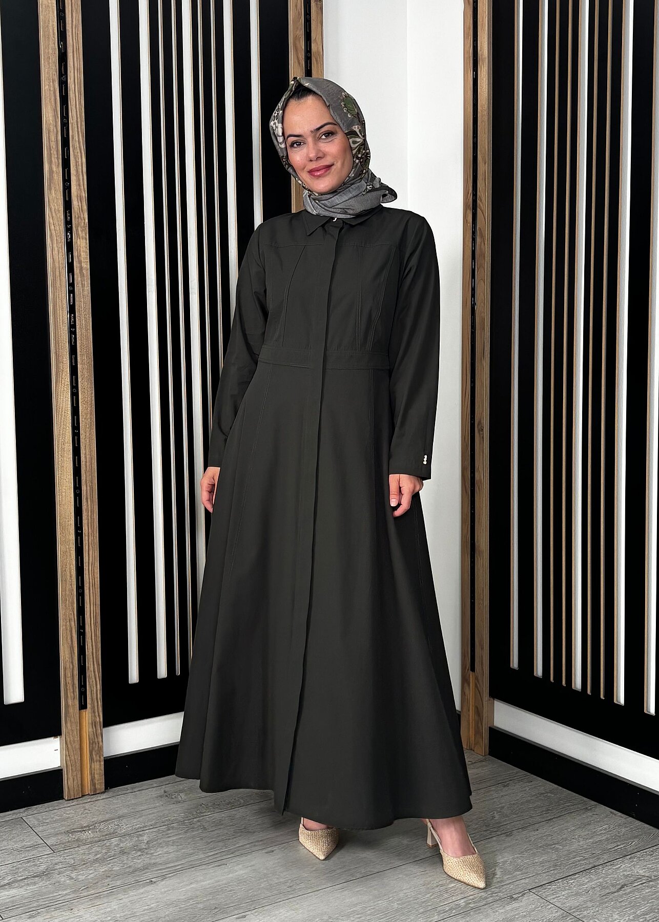 Miss Dalida Belden Oturtmalı Uzun Kollu Poplin Elbise KHAKİ - 1