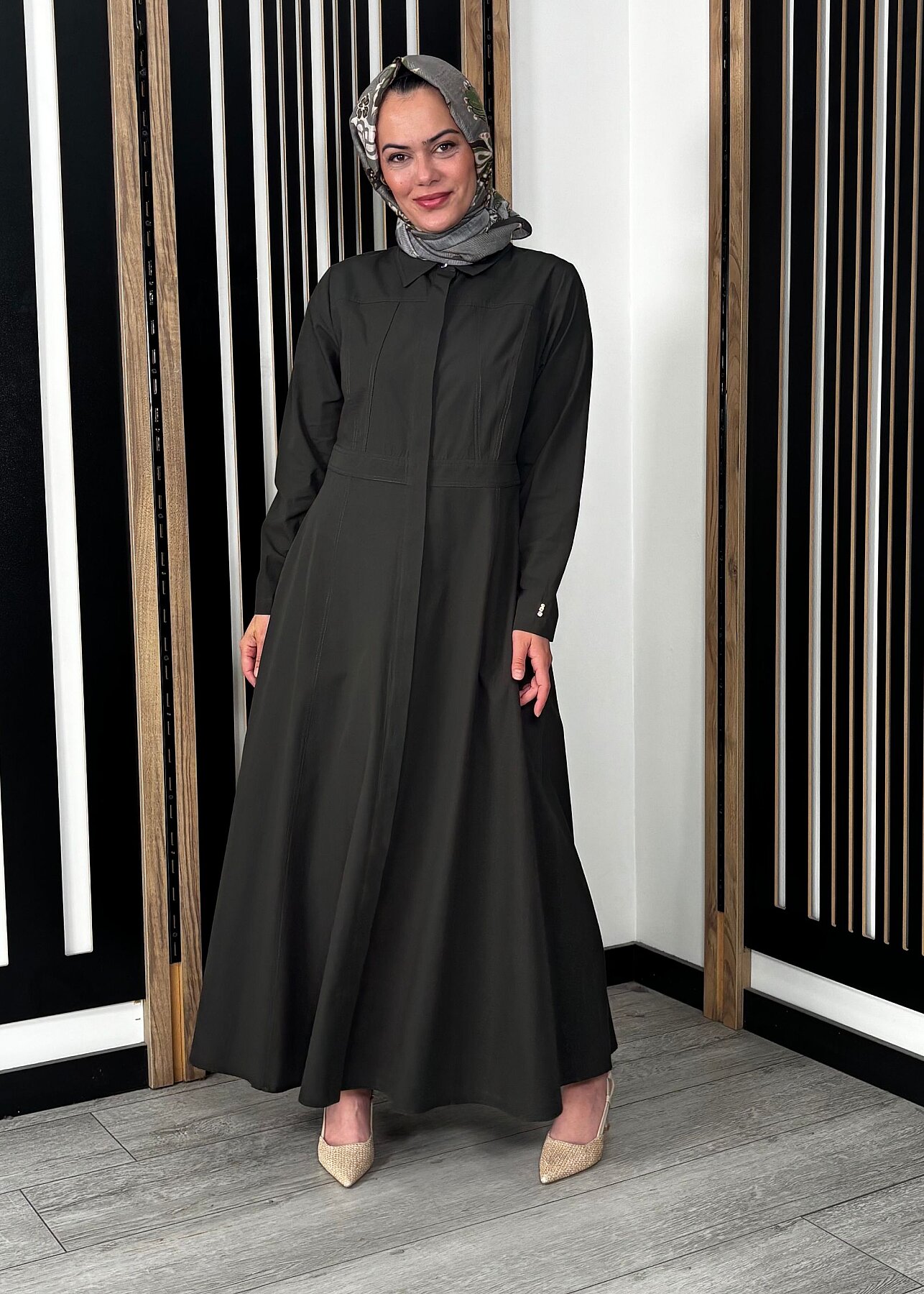 Miss Dalida Belden Oturtmalı Uzun Kollu Poplin Elbise KHAKİ - 3