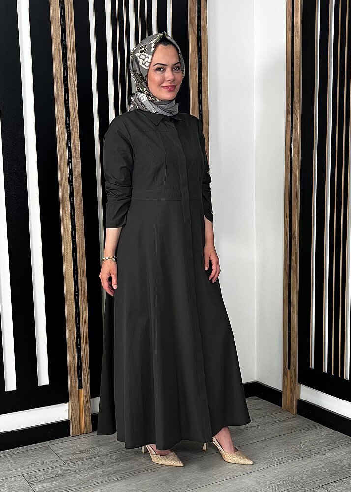 Miss Dalida Belden Oturtmalı Uzun Kollu Poplin Elbise KHAKİ - 5