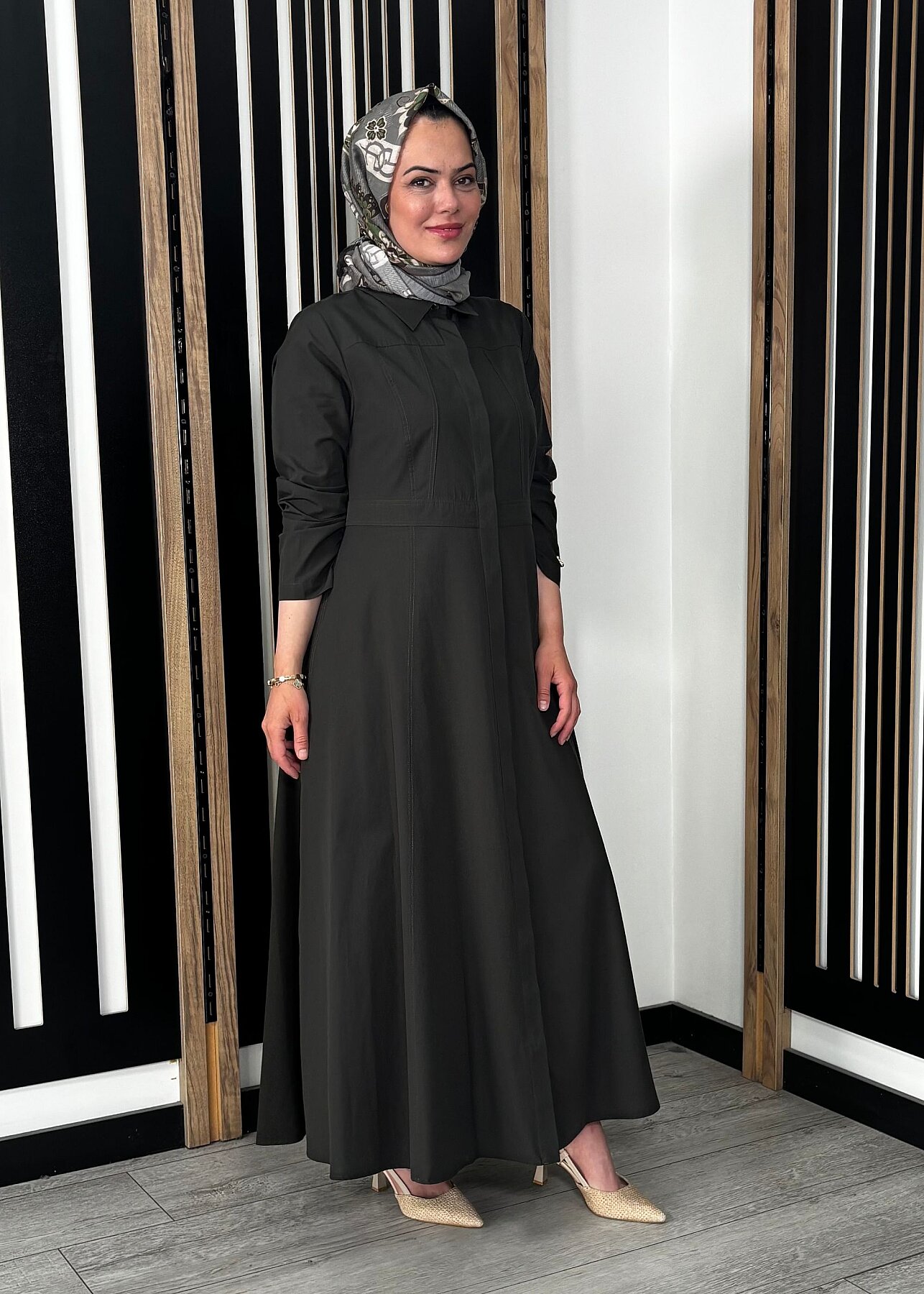 Miss Dalida Belden Oturtmalı Uzun Kollu Poplin Elbise KHAKİ - 5