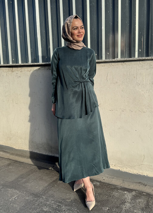 Miss Dalida Beli Büzgü Detaylı Cupra Tunik PETROL - 3