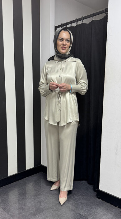 Miss Dalida Beli Büzgülü Cupra Gömlek Stone - 1