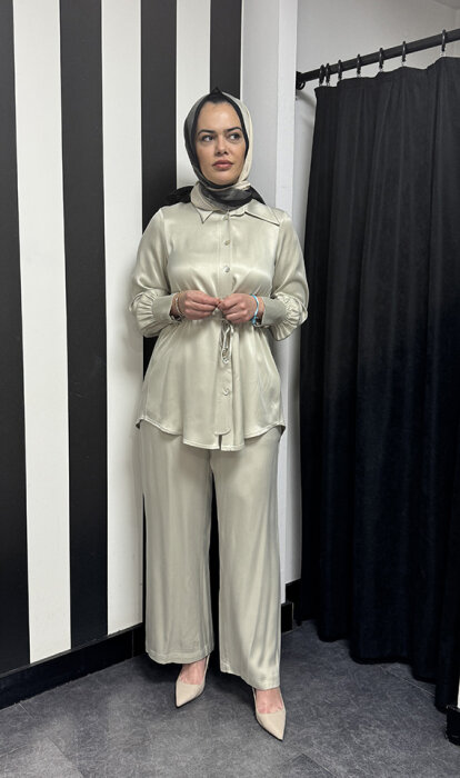 Miss Dalida Beli Büzgülü Cupra Gömlek Stone - 3