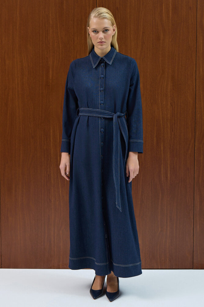 Miss Dalida Beli Kuşaklı Denim Gömlek Elbise Navy