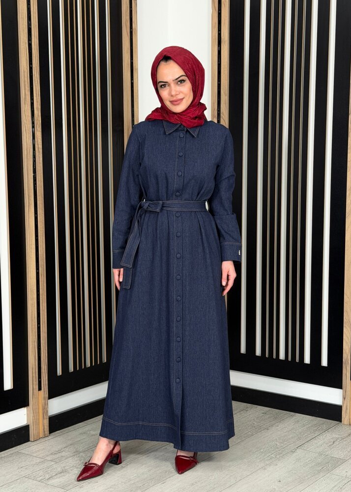 Miss Dalida Beli Kuşaklı Denim Gömlek Elbise Navy - 3