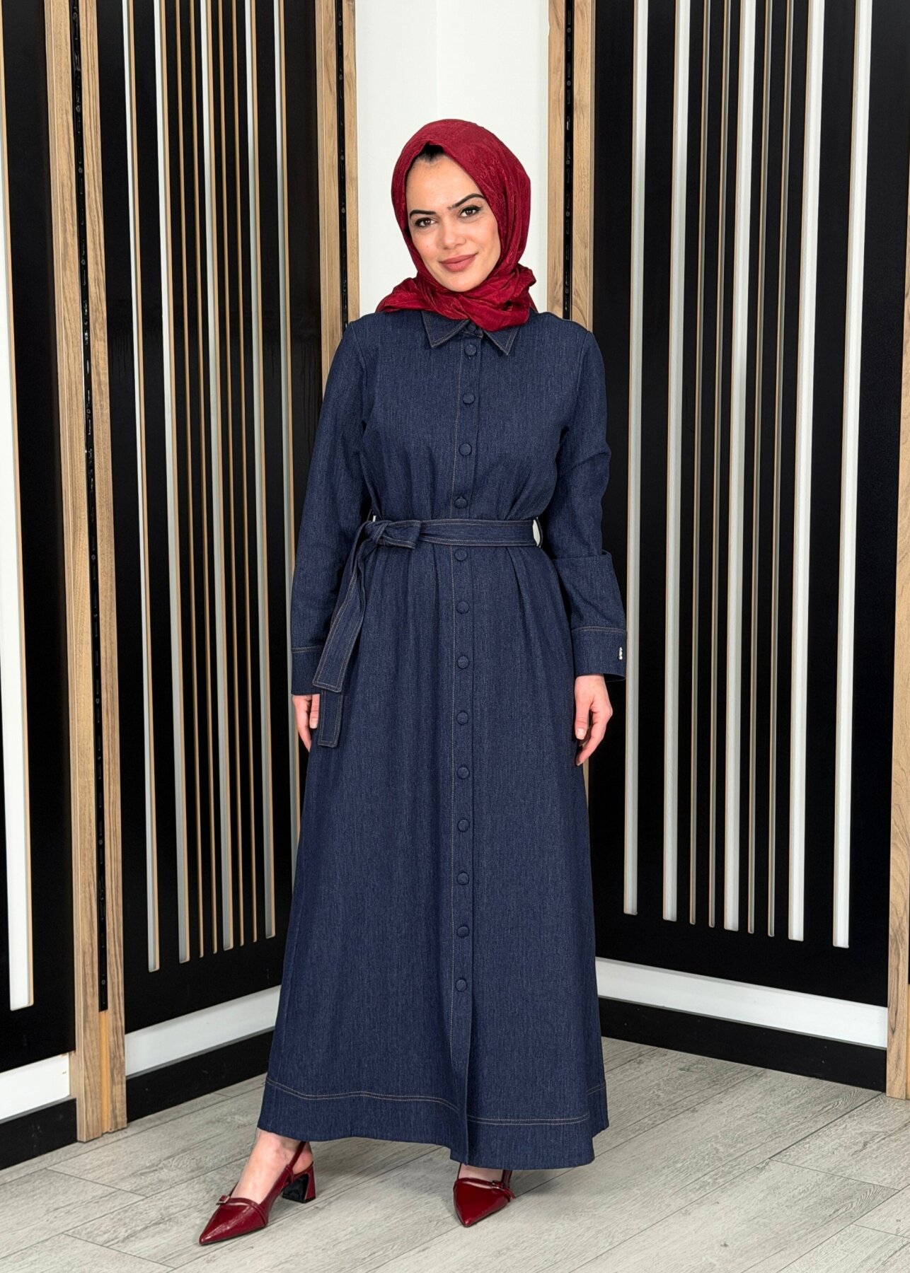 Miss Dalida Beli Kuşaklı Denim Gömlek Elbise Navy - 3