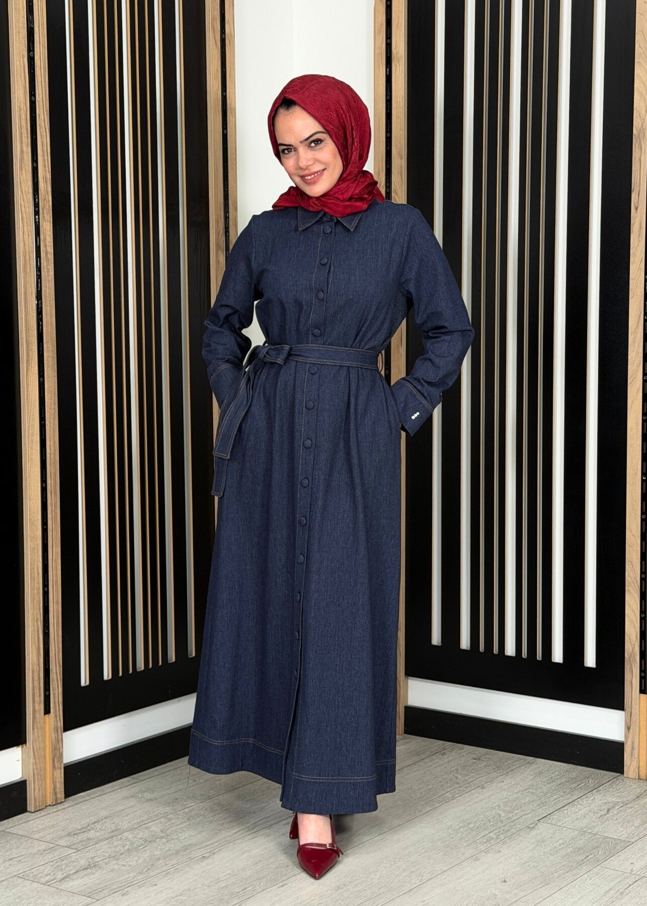 Miss Dalida Beli Kuşaklı Denim Gömlek Elbise Navy - 1